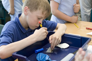 Young boy wiring an electrical block with a screwdriver